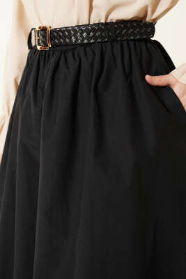 Geniş Kemerli Poplin Etek Siyah - Etek