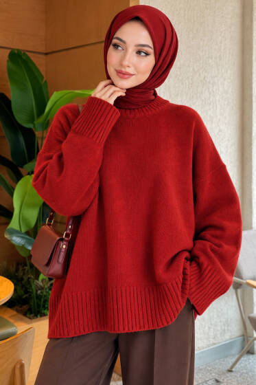 Geniş Kol Ribanalı Triko Tunik Bordo - Tunik