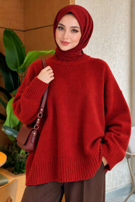 Geniş Kol Ribanalı Triko Tunik Bordo - Tunik