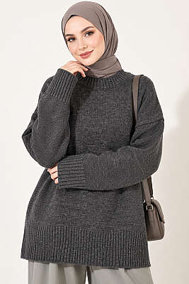 Geniş Kol Ribanalı Triko Tunik Füme - Tunik