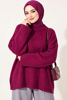 Geniş Kol Ribanalı Triko Tunik Magenta - FİXAY