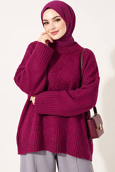 Geniş Kol Ribanalı Triko Tunik Magenta - Tunik