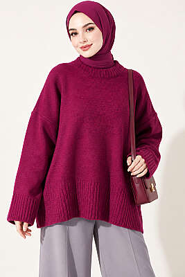 Geniş Kol Ribanalı Triko Tunik Magenta - Tunik