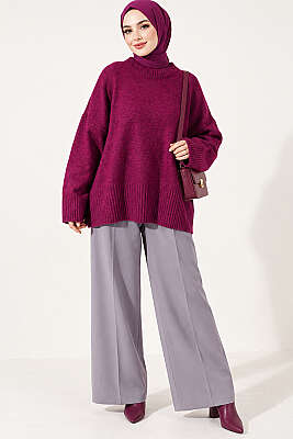 Geniş Kol Ribanalı Triko Tunik Magenta - Tunik