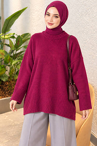 Geniş Kol Ribanalı Triko Tunik Magenta - Tunik