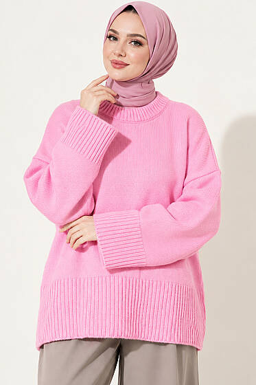 Geniş Kol Ribanalı Triko Tunik Pembe - Tunik