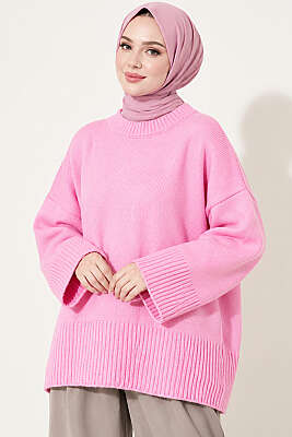 Geniş Kol Ribanalı Triko Tunik Pembe - Tunik