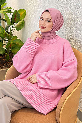 Geniş Kol Ribanalı Triko Tunik Pembe - FİXAY