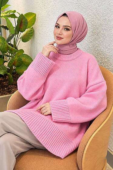 Geniş Kol Ribanalı Triko Tunik Pembe - Tunik