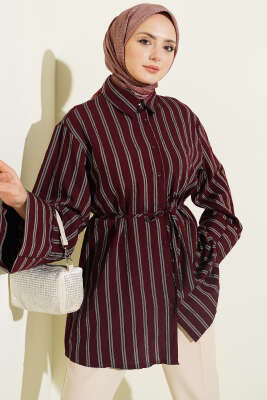 Geniş Kollu Çizgili Gömlek Bordo - TABA
