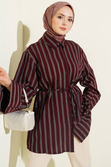 Geniş Kollu Çizgili Gömlek Bordo - Gömlek