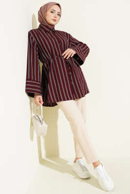 Geniş Kollu Çizgili Gömlek Bordo - Gömlek
