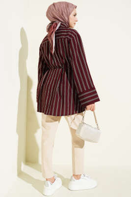 Geniş Kollu Çizgili Gömlek Bordo - Gömlek