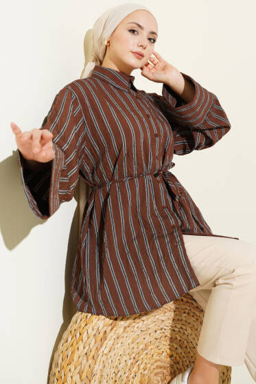 Geniş Kollu Çizgili Gömlek Kahve - Gömlek