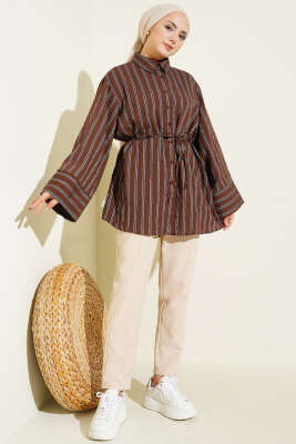 Geniş Kollu Çizgili Gömlek Kahve - Gömlek