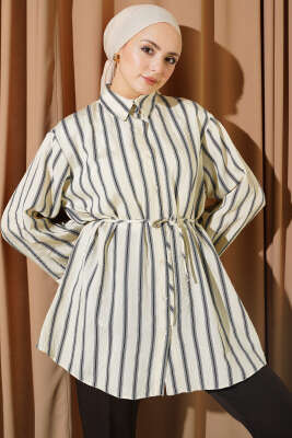 Geniş Kollu Çizgili Gömlek Krem - TABA