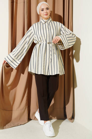 Geniş Kollu Çizgili Gömlek Krem - Gömlek