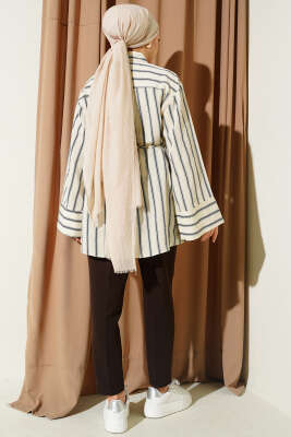 Geniş Kollu Çizgili Gömlek Krem - Gömlek