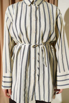 Geniş Kollu Çizgili Gömlek Krem - Gömlek