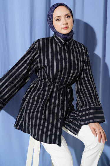 Geniş Kollu Çizgili Gömlek Lacivert - Gömlek