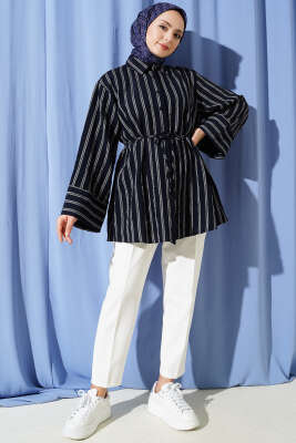 Geniş Kollu Çizgili Gömlek Lacivert - Gömlek