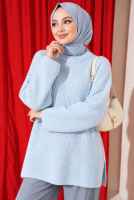 Geniş Kollu Düz Triko Tunik Bebe Mavi - Tunik