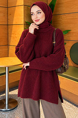 Geniş Kollu Düz Triko Tunik Bordo - Tunik