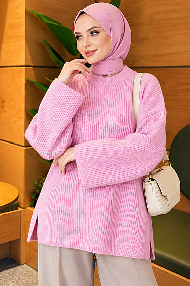 Geniş Kollu Düz Triko Tunik Pembe - Tunik