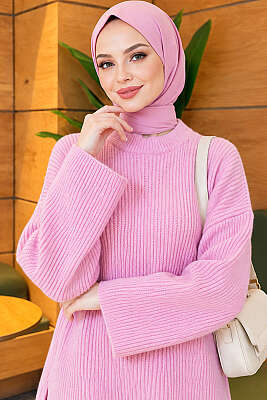 Geniş Kollu Düz Triko Tunik Pembe - Tunik