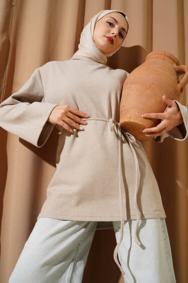 Geniş Kollu Fitilli Kaşe Tunik Bej - Tunik