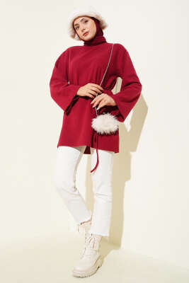 Geniş Kollu Fitilli Kaşe Tunik Bordo - Tunik