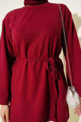 Geniş Kollu Fitilli Kaşe Tunik Bordo - Tunik