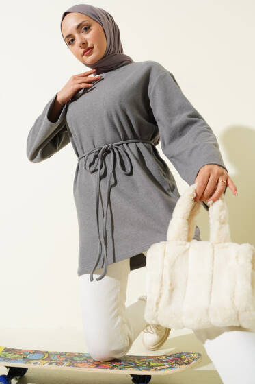 Geniş Kollu Fitilli Kaşe Tunik Gri - Tunik
