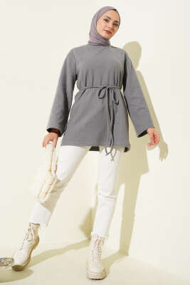 Geniş Kollu Fitilli Kaşe Tunik Gri - Tunik
