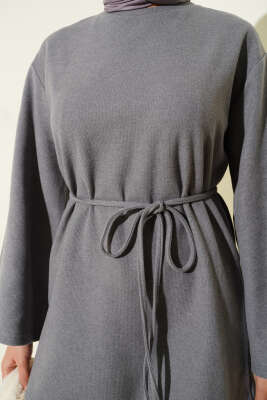 Geniş Kollu Fitilli Kaşe Tunik Gri - Tunik