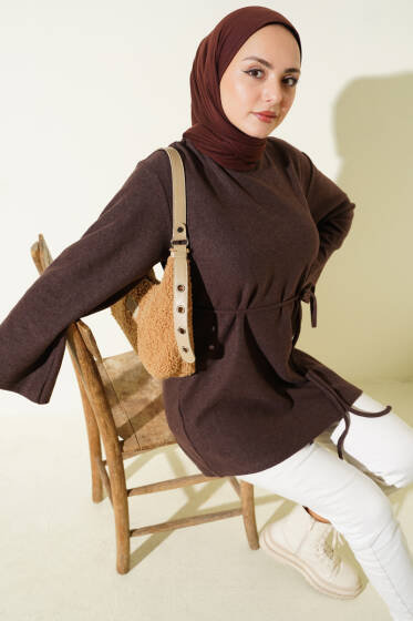 Geniş Kollu Fitilli Kaşe Tunik Kahve - Tunik