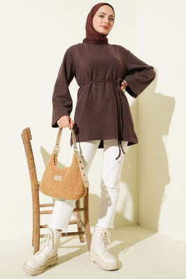Geniş Kollu Fitilli Kaşe Tunik Kahve - Tunik