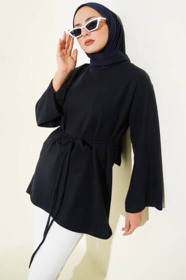 Geniş Kollu Fitilli Kaşe Tunik Lacivert - Tunik