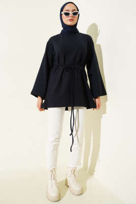 Geniş Kollu Fitilli Kaşe Tunik Lacivert - Yılın Fırsatı