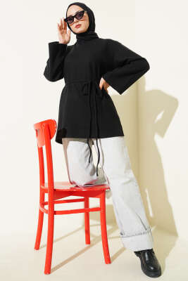 Geniş Kollu Fitilli Kaşe Tunik Siyah - Tunik