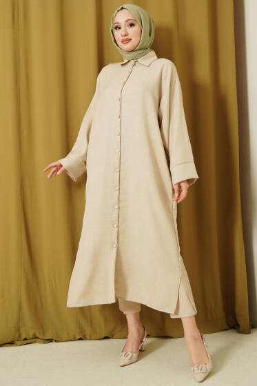 Geniş Kollu Oversize Uzun Gömlek Bej - Gömlek