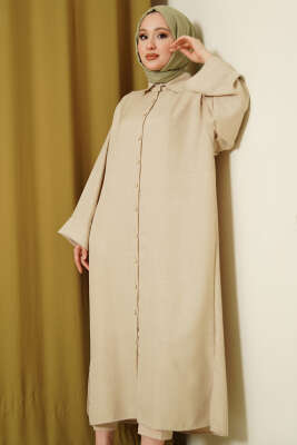 Geniş Kollu Oversize Uzun Gömlek Bej - Gömlek