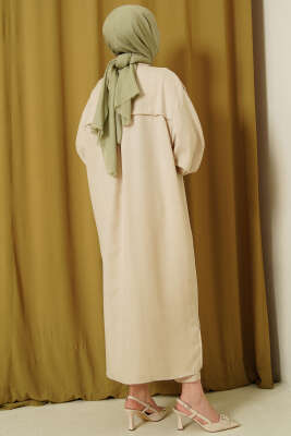 Geniş Kollu Oversize Uzun Gömlek Bej - Gömlek