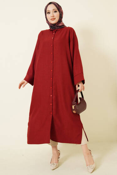 Geniş Kollu Oversize Uzun Gömlek Bordo - Gömlek