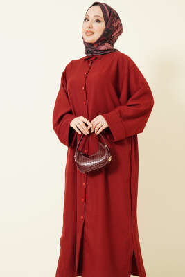 Geniş Kollu Oversize Uzun Gömlek Bordo - Gömlek