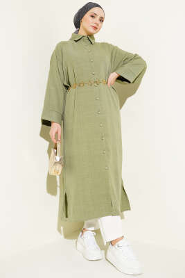 Geniş Kollu Oversize Uzun Gömlek Haki 