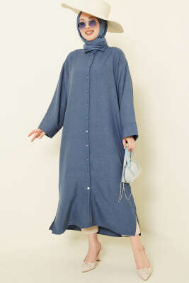 Geniş Kollu Oversize Uzun Gömlek İndigo - HATUN