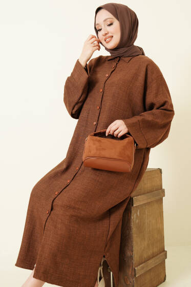 Geniş Kollu Oversize Uzun Gömlek Kahve - Gömlek