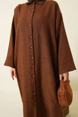 Geniş Kollu Oversize Uzun Gömlek Kahve - Gömlek