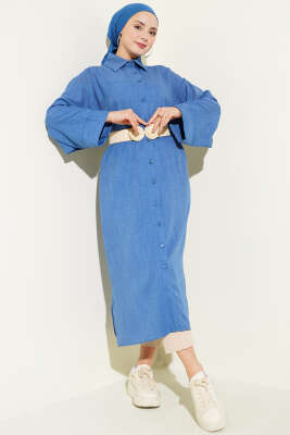 Geniş Kollu Oversize Uzun Gömlek Mavi 